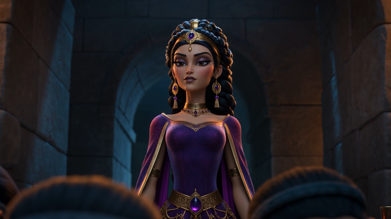 Jezebel stands crowned in a dark hall, guards bowing before her