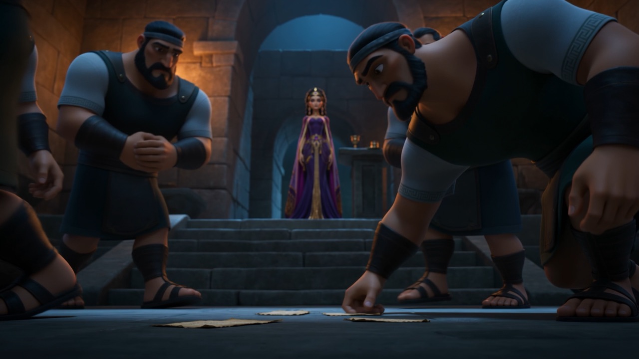 A sealed decree is carried down the steps to her soldiers