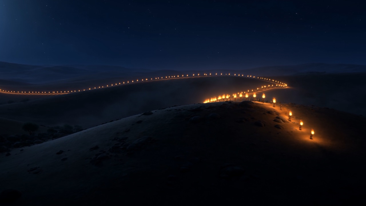 From the hills, a chain of torches winds through the dark