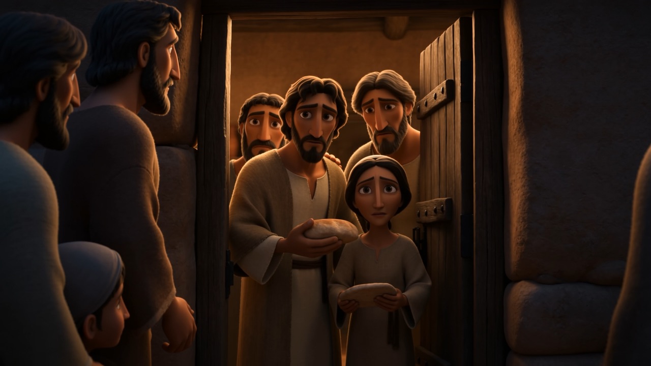 Frightened prophets crowd a cave mouth, taking bread