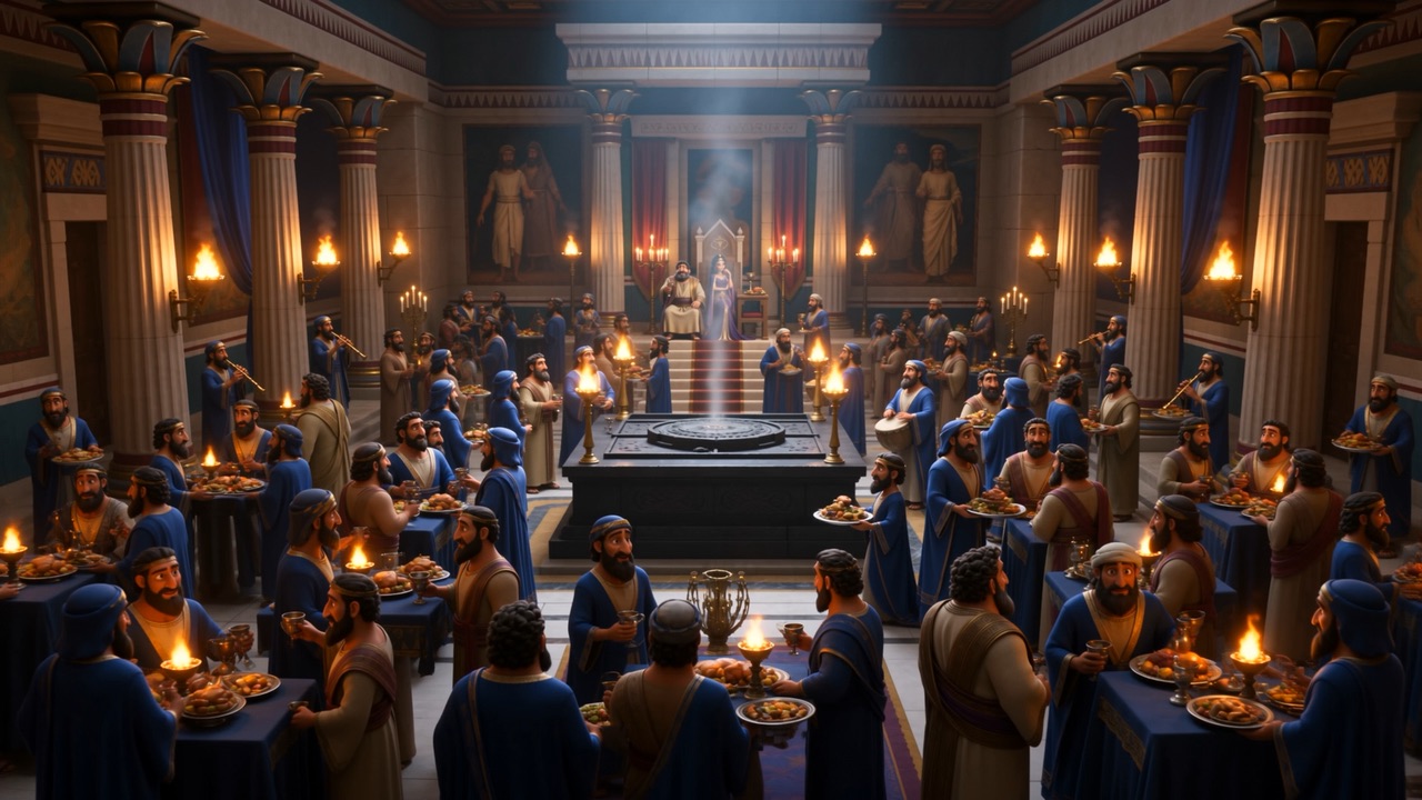 The feast at full roar — a hall of hundreds, torches and smoke