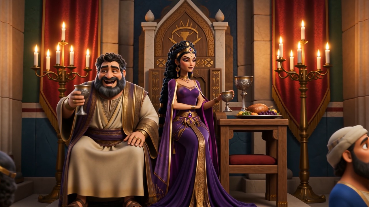 Ahab raises his cup beside the queen at the high table