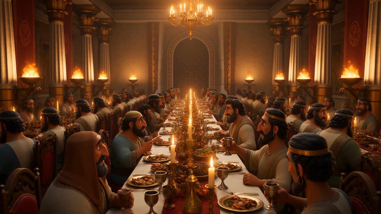 Long tables of guests eating under the lamps