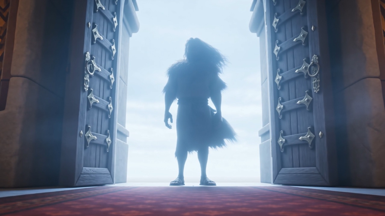 The great doors blow open — a ragged silhouette against the light