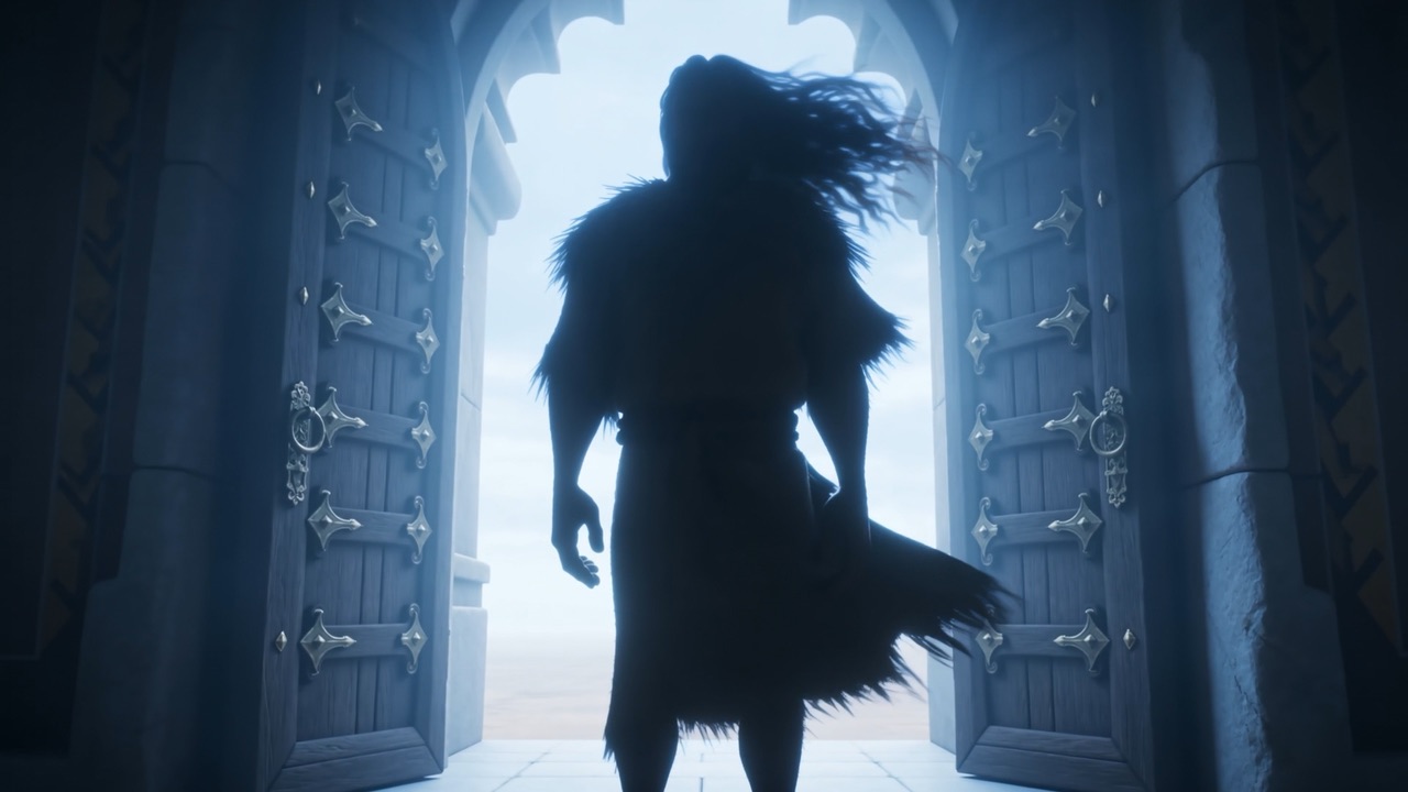 The figure in the doorway, cloak snapping in the wind