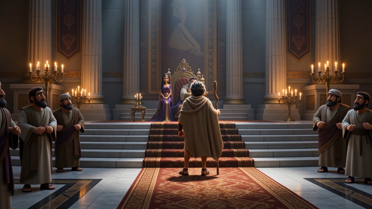 A small brown figure stops at the foot of the throne steps