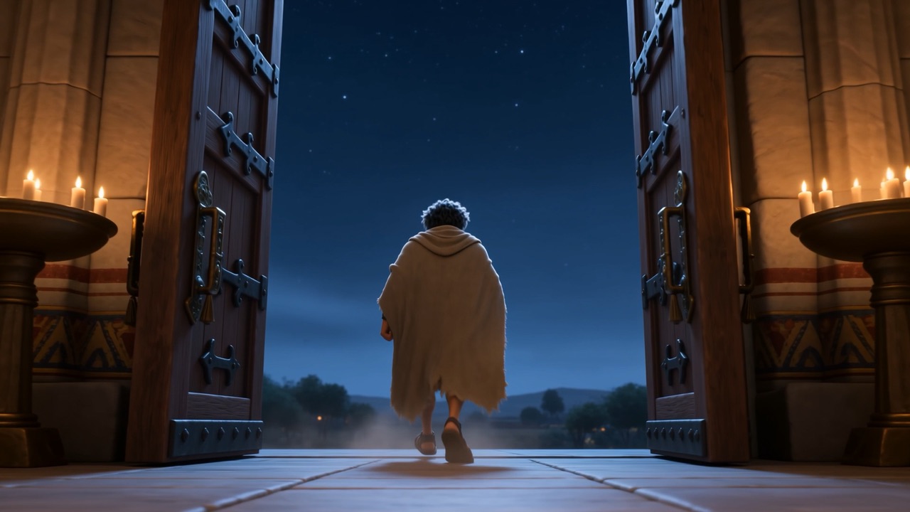 He turns and walks out into the night, doors open behind him