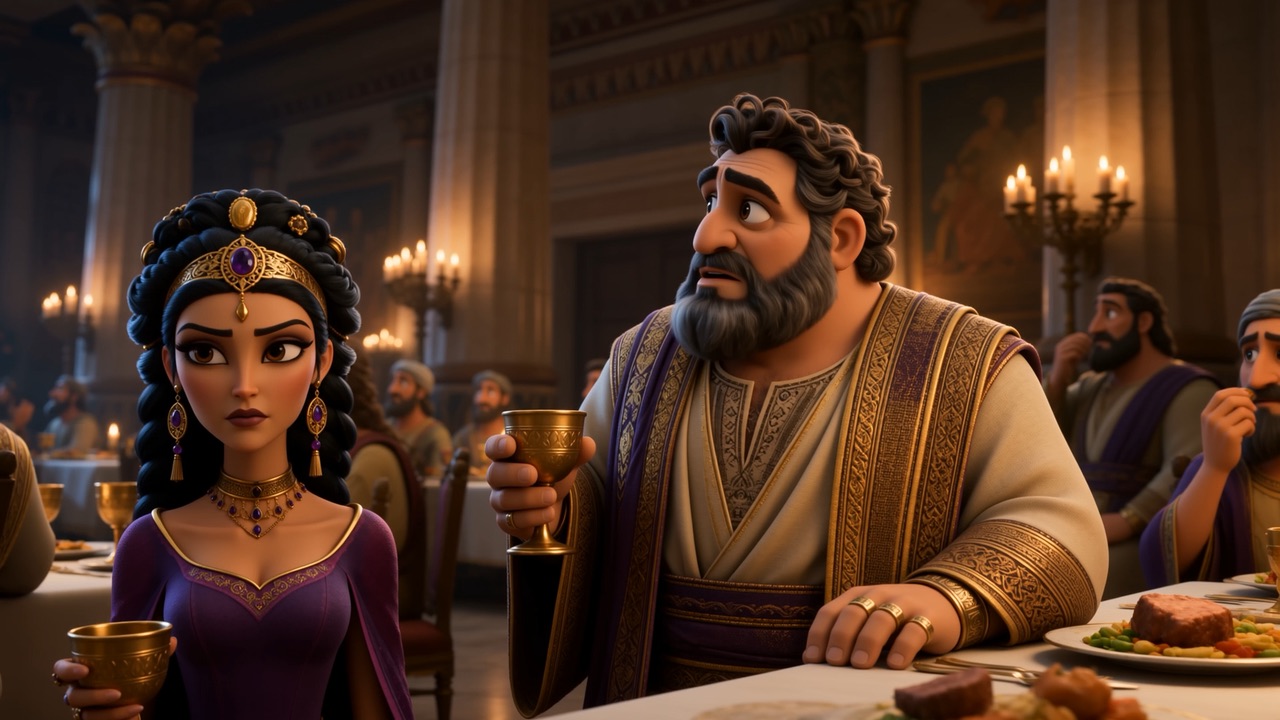 Ahab holds his cup halfway to his mouth