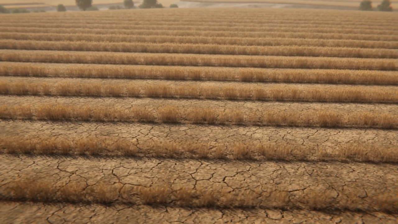 The rows thin to stubble on cracking ground