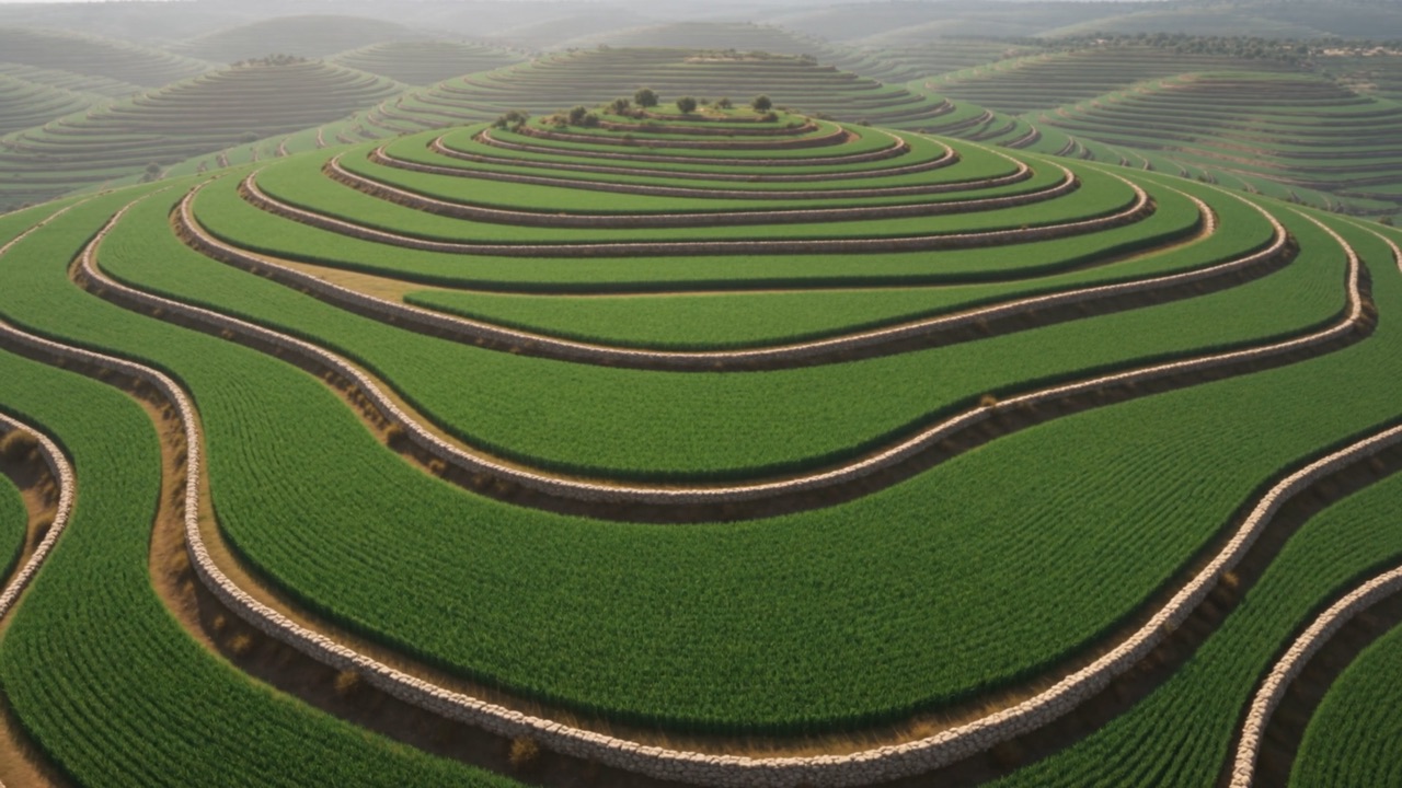 Green terraced fields curve across the hills