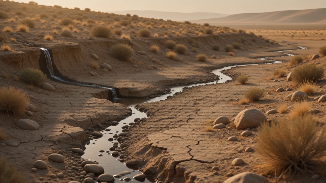The stream has narrowed to a thread in the gully