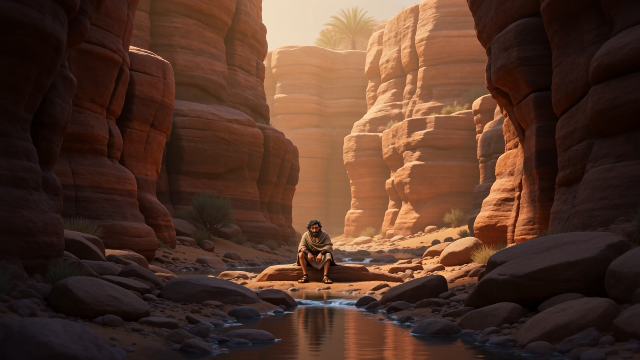 A red canyon with one small figure beside a shrinking brook