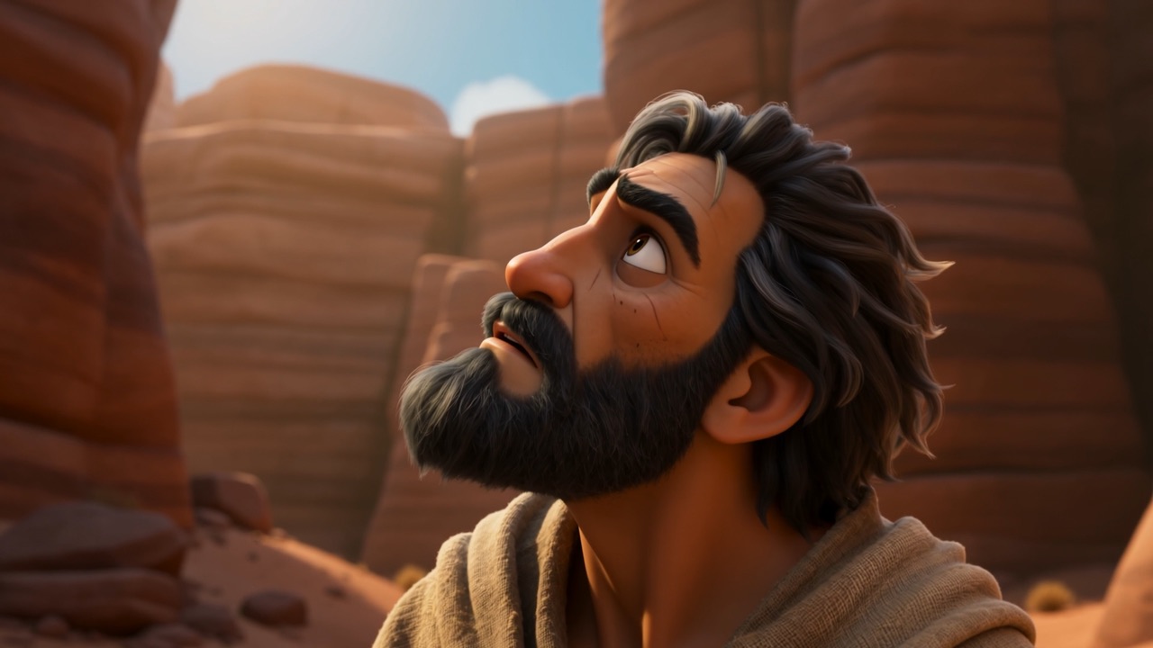 He looks up at the strip of sky above the canyon