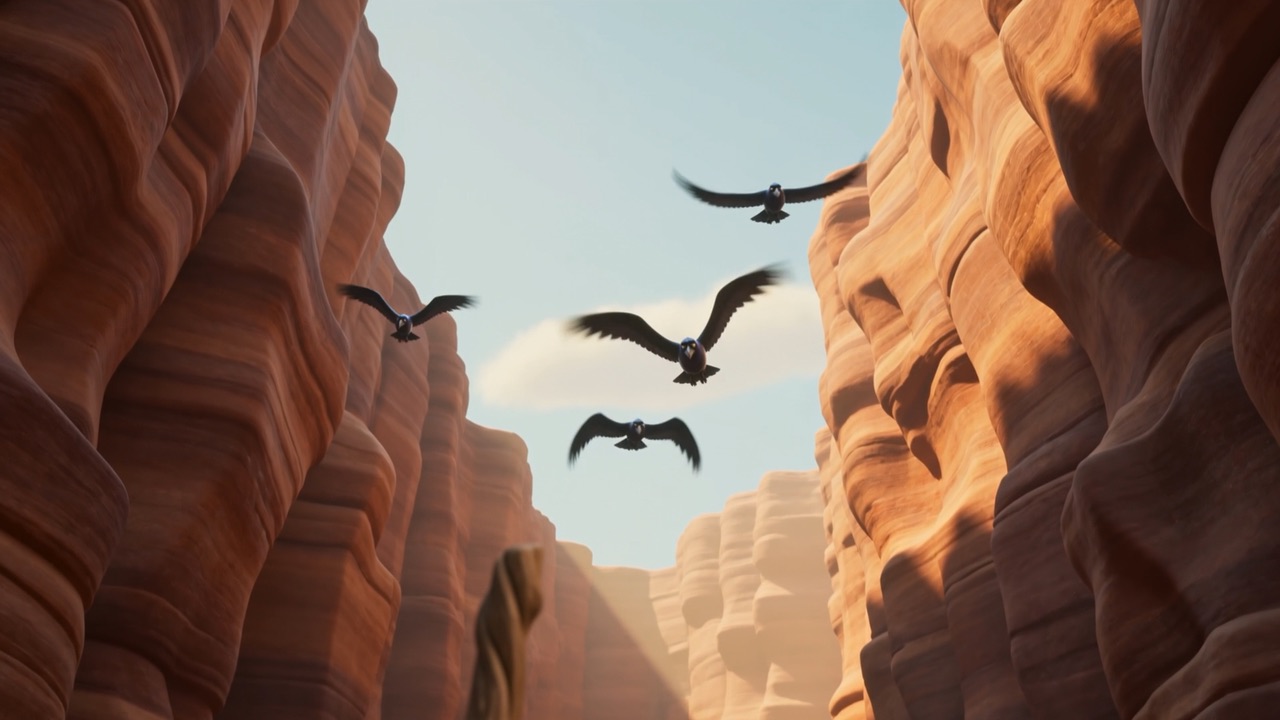 Black birds come down the canyon toward him