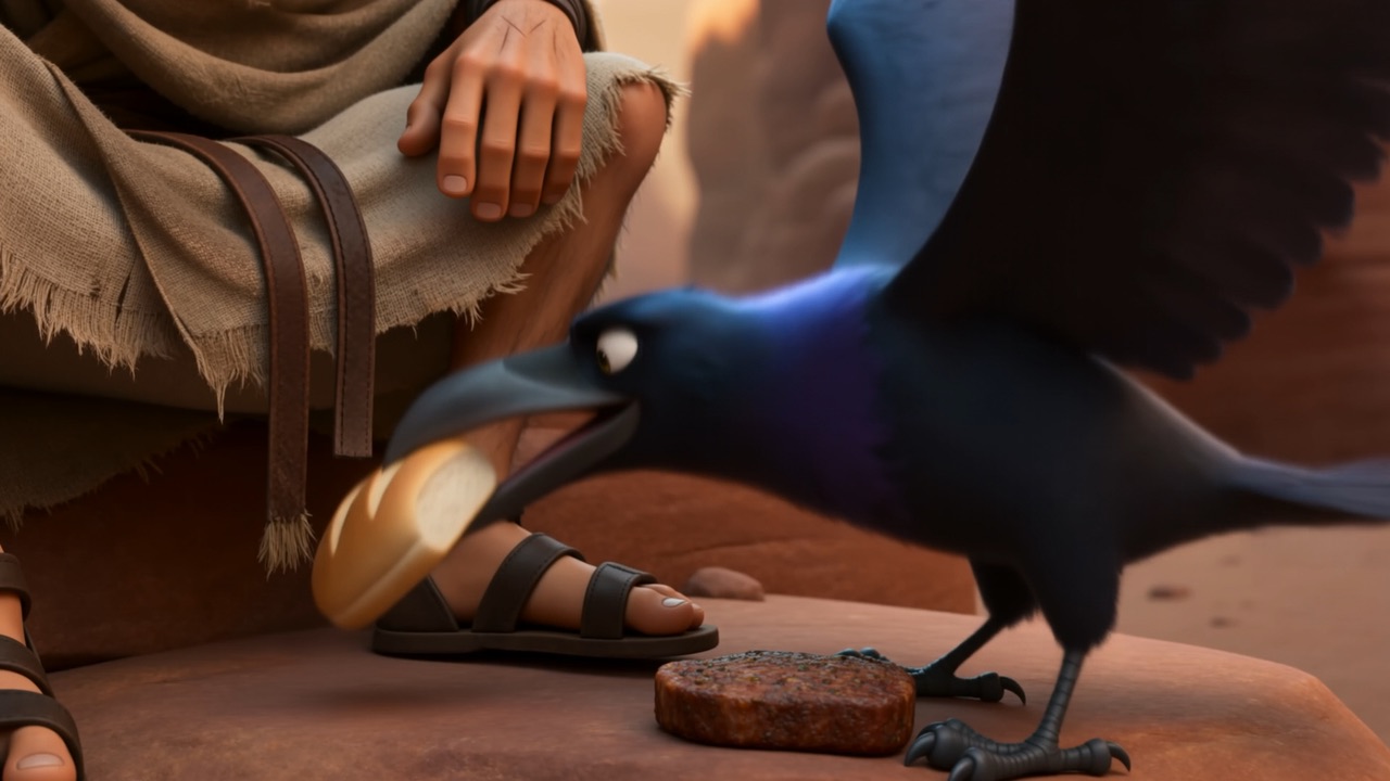 A raven lands beside his sandal with bread in its beak