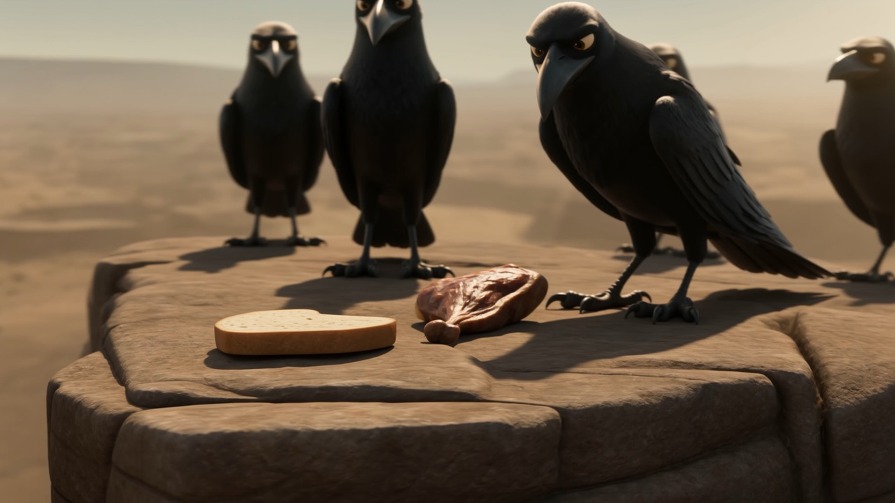 Three ravens on a flat stone with his breakfast laid out