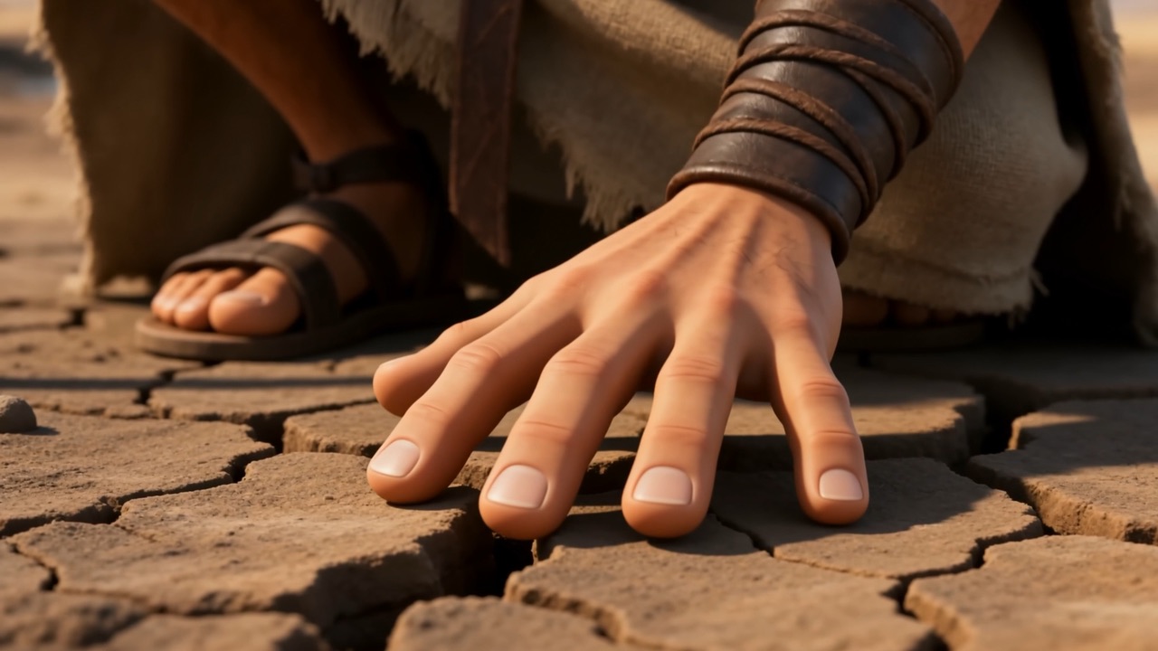 Elijah's hand presses flat on the cracked ground