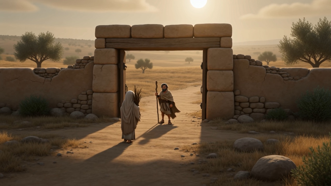 Two figures meet at the ruined gate in the low sun