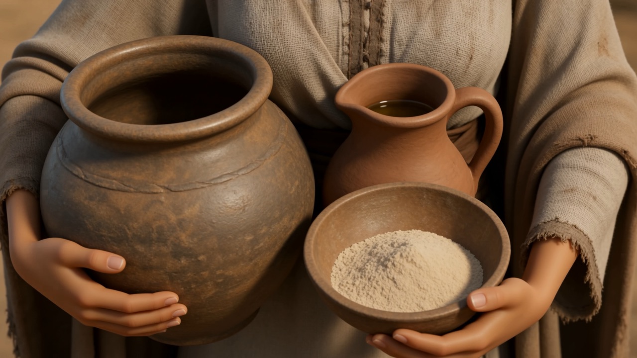 Her hands hold a jar and a bowl with the last of the flour