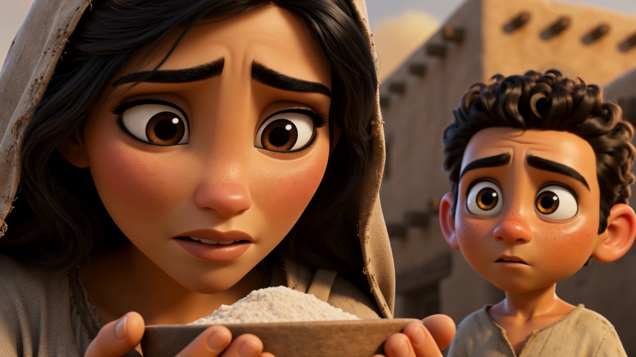 She holds out the bowl of flour — the choosing