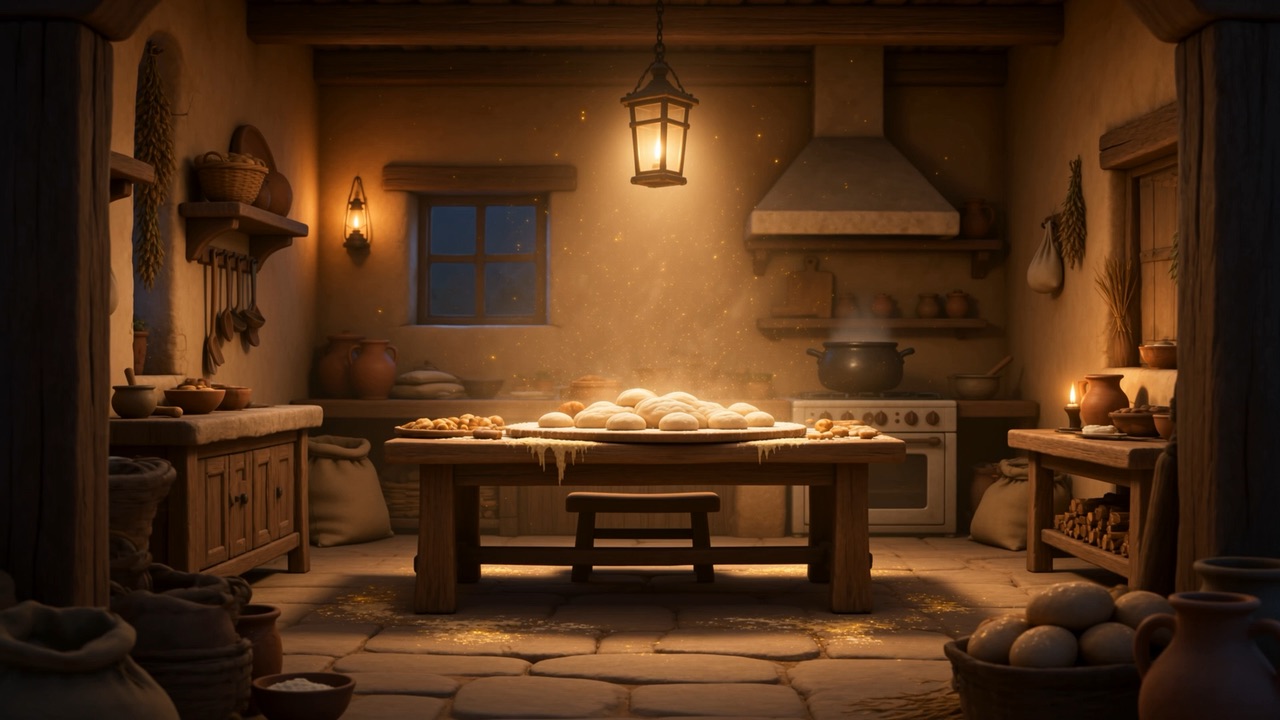 Dough on the table in the lamplit kitchen
