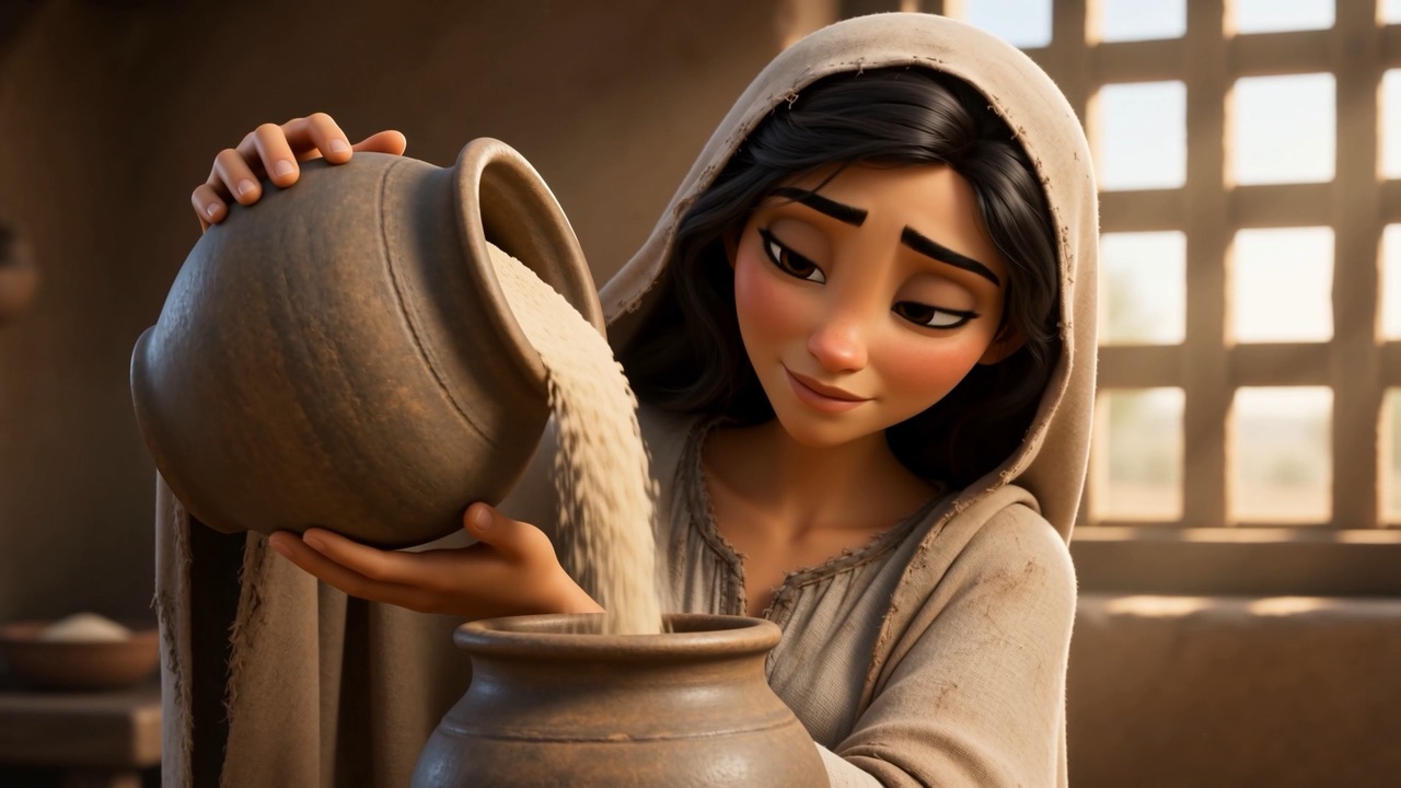 Flour pours from the little jar into the bowl