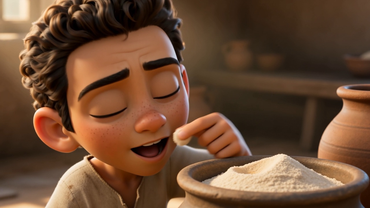 The boy leans over the full bowl with his eyes shut, delighted