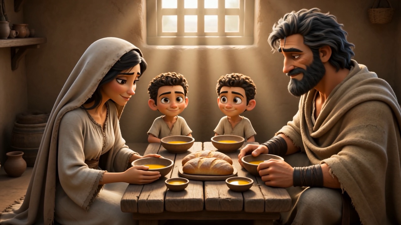 The four of them at the table with bread and cups