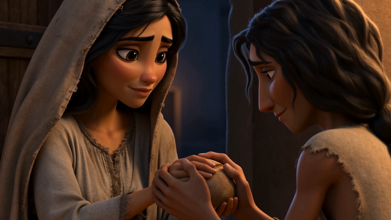 The widow hands bread out to a neighbour at her door