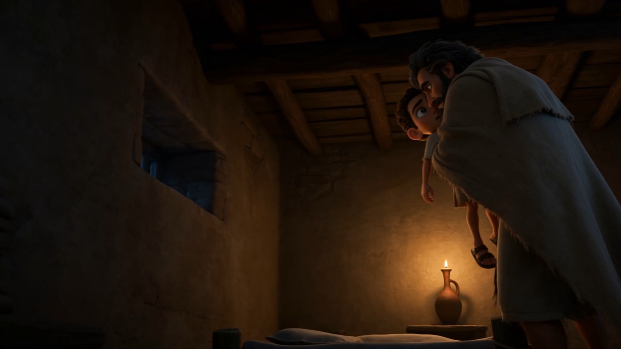 A dark upper room, one lamp, a small still figure on the bed