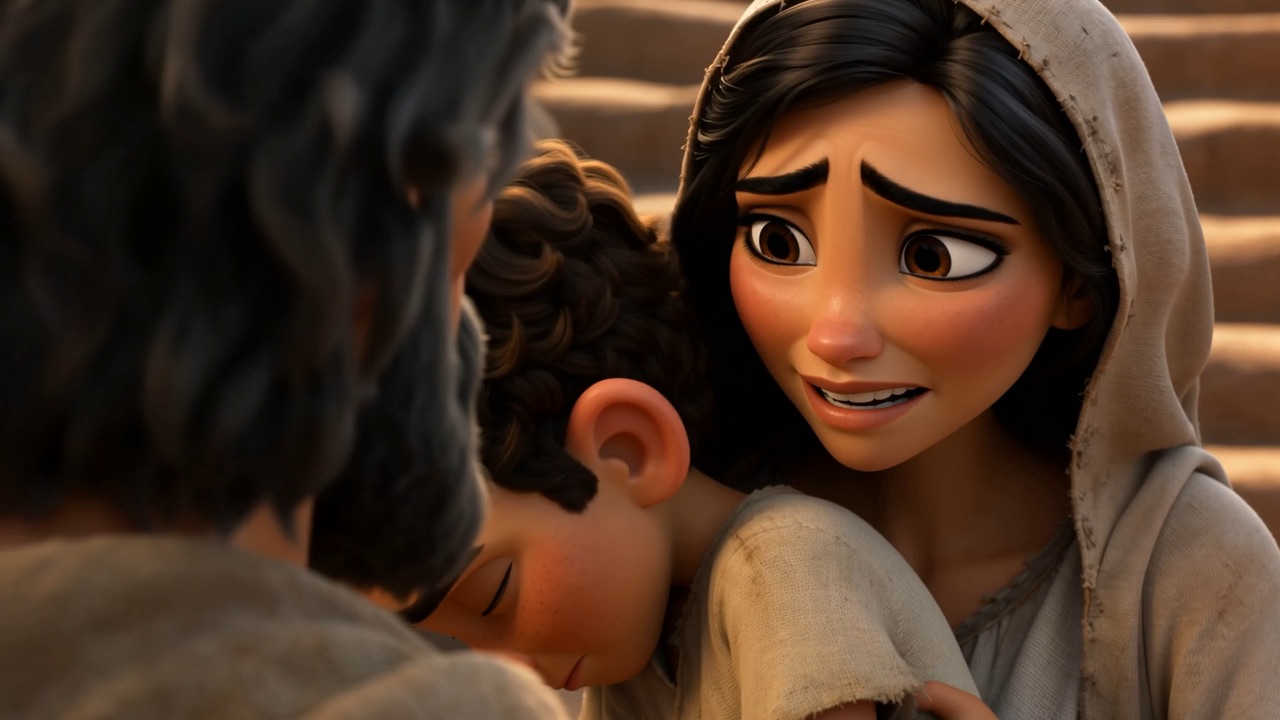 The mother's face as she sees her son alive