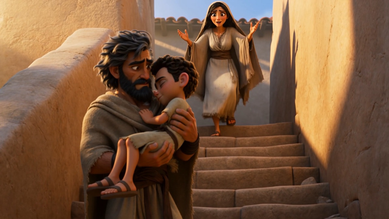 He carries the boy down the stairs — and the boy is moving