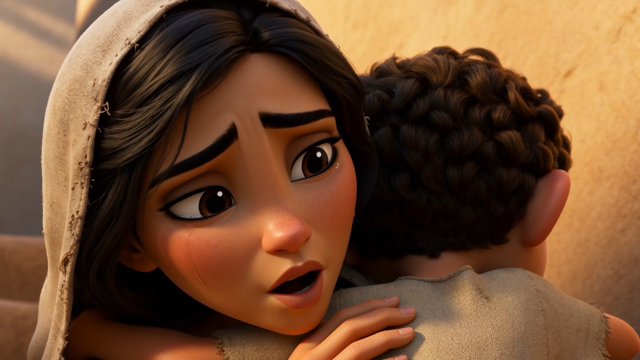 She crushes the boy to her, sobbing
