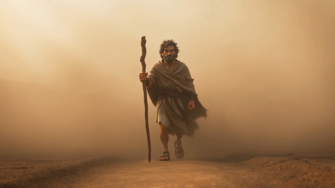 Elijah walks out of the dust haze with his staff