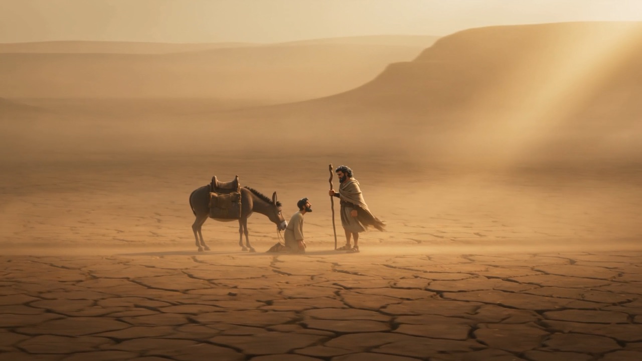 A donkey and a servant tiny on a cracked plain