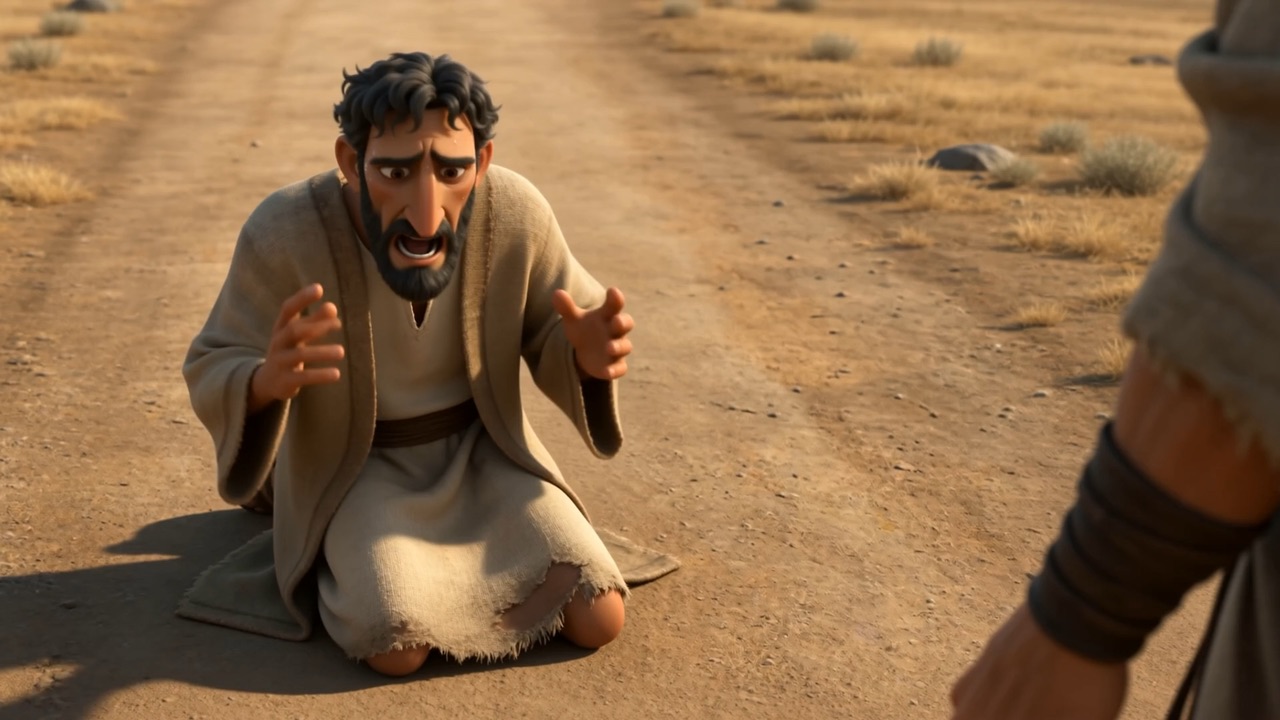 On his knees, Obadiah begs him not to disappear again