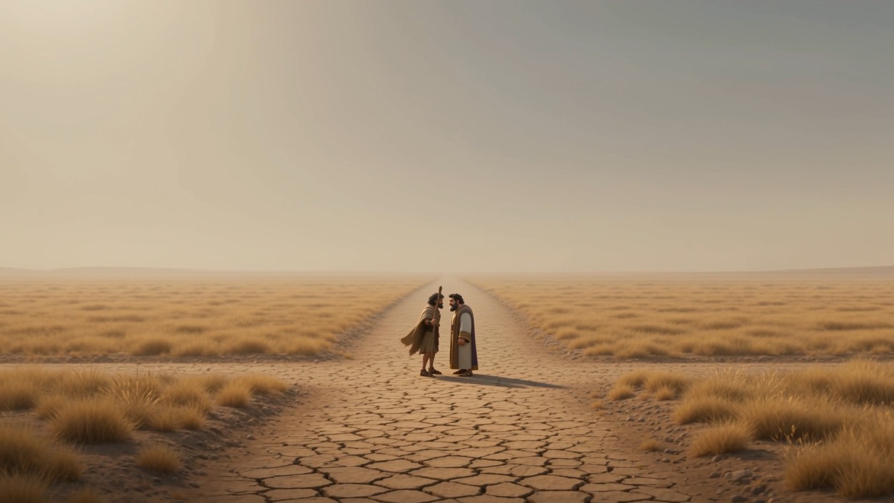 Two small figures meeting in the middle of a ruined country