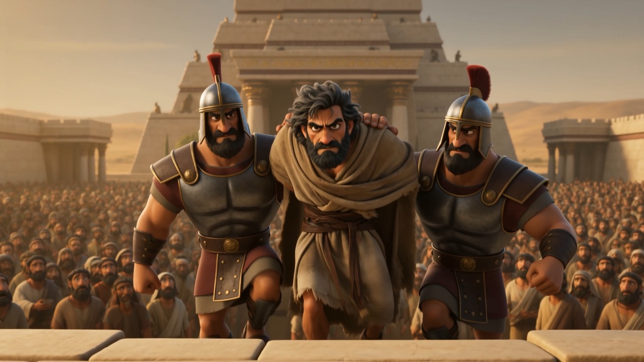 Guards bring Elijah into the palace terrace