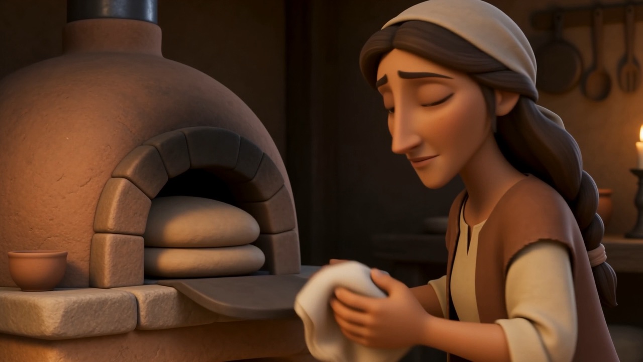 A woman leaves her oven, bread half-made