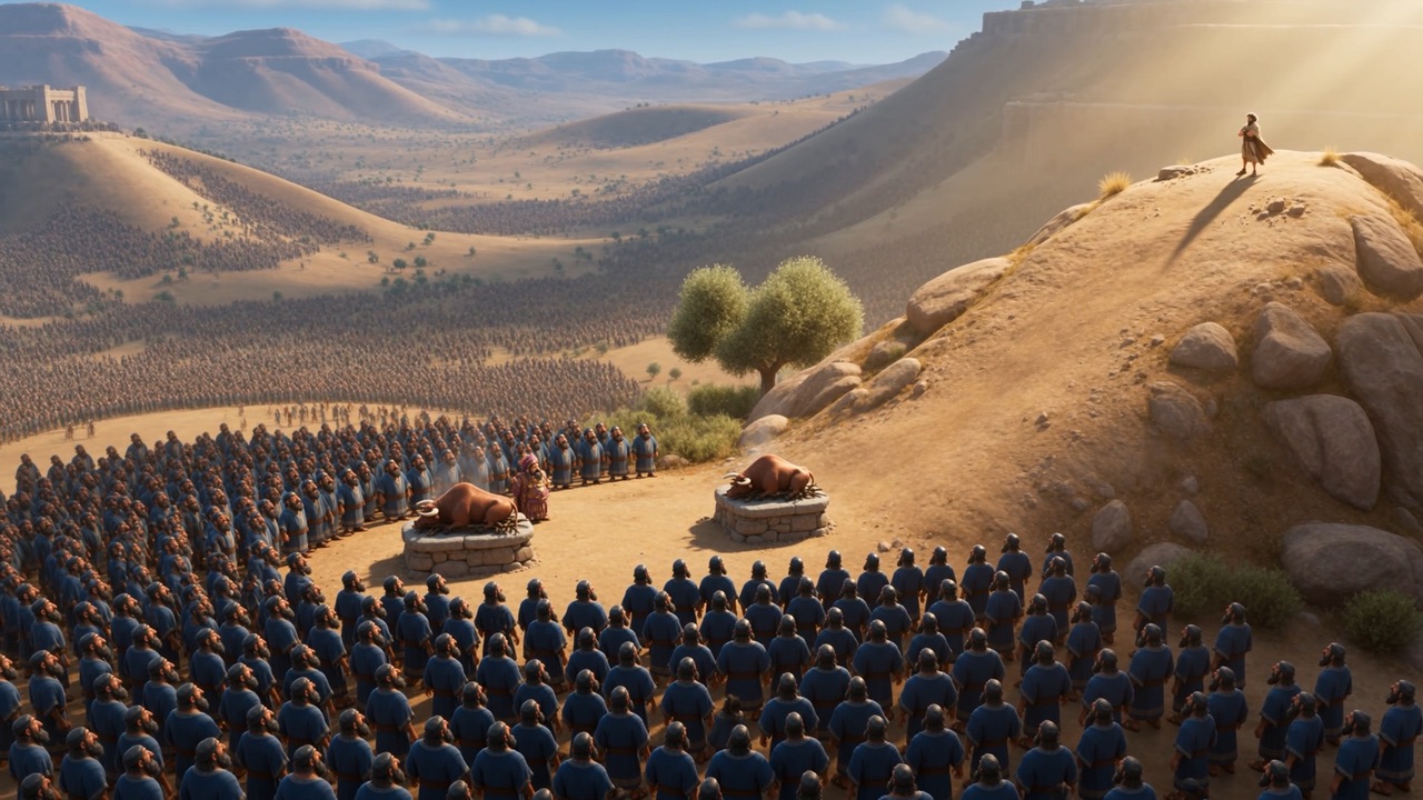 From above: the blue ranks, the crowd, and two altars on the summit