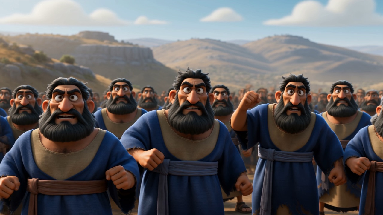 The people of Israel wait in their dusty browns, silent