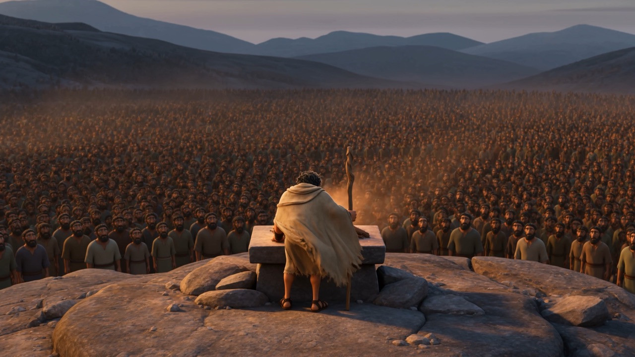 Elijah faces the enormous crowd from the bare rock