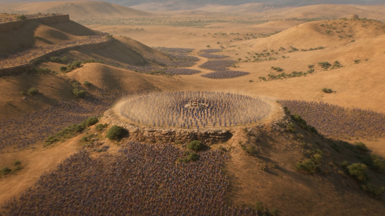 From above: the blue prophets ring their altar in a vast circle