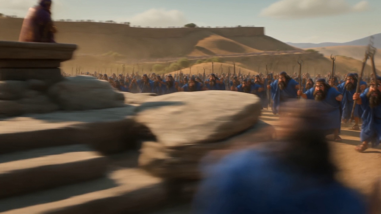 They charge and dance around it, robes flying
