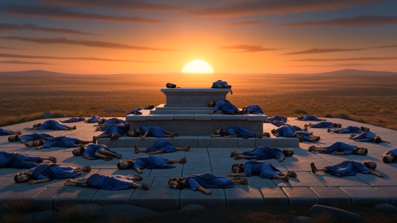 From above, the ring of blue bodies and one dead fire