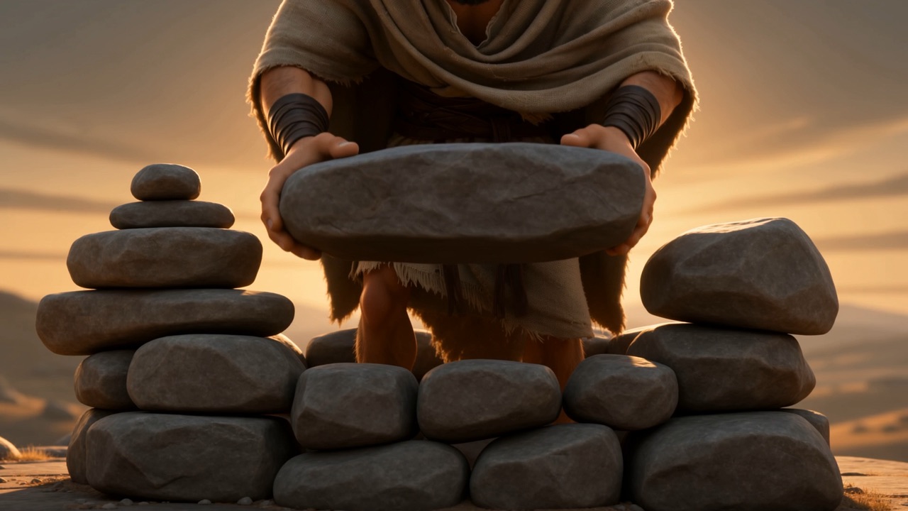 Stone by stone he rebuilds it — twelve, one for each tribe
