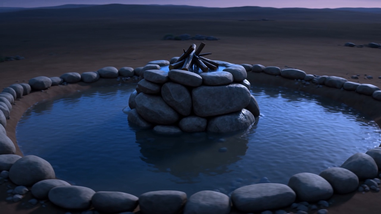 A full trench of water rings the drenched altar