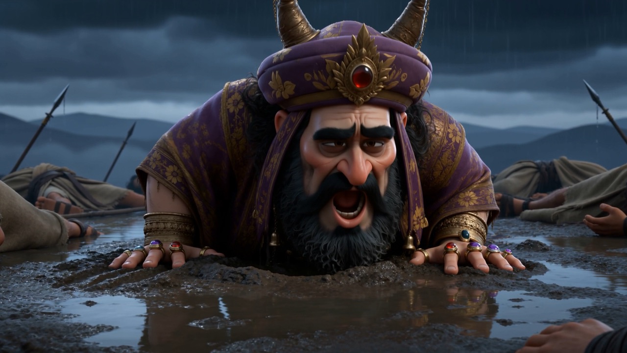 Even the king lies flat in a puddle, crown in the mud
