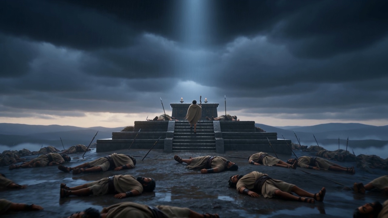 A pillar of light stands on the altar over a prostrate crowd