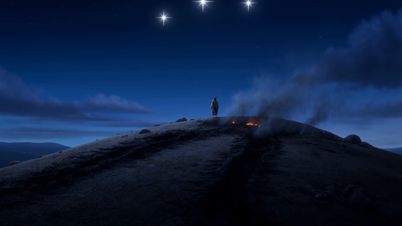 Night over the black hill, stars above the smoke